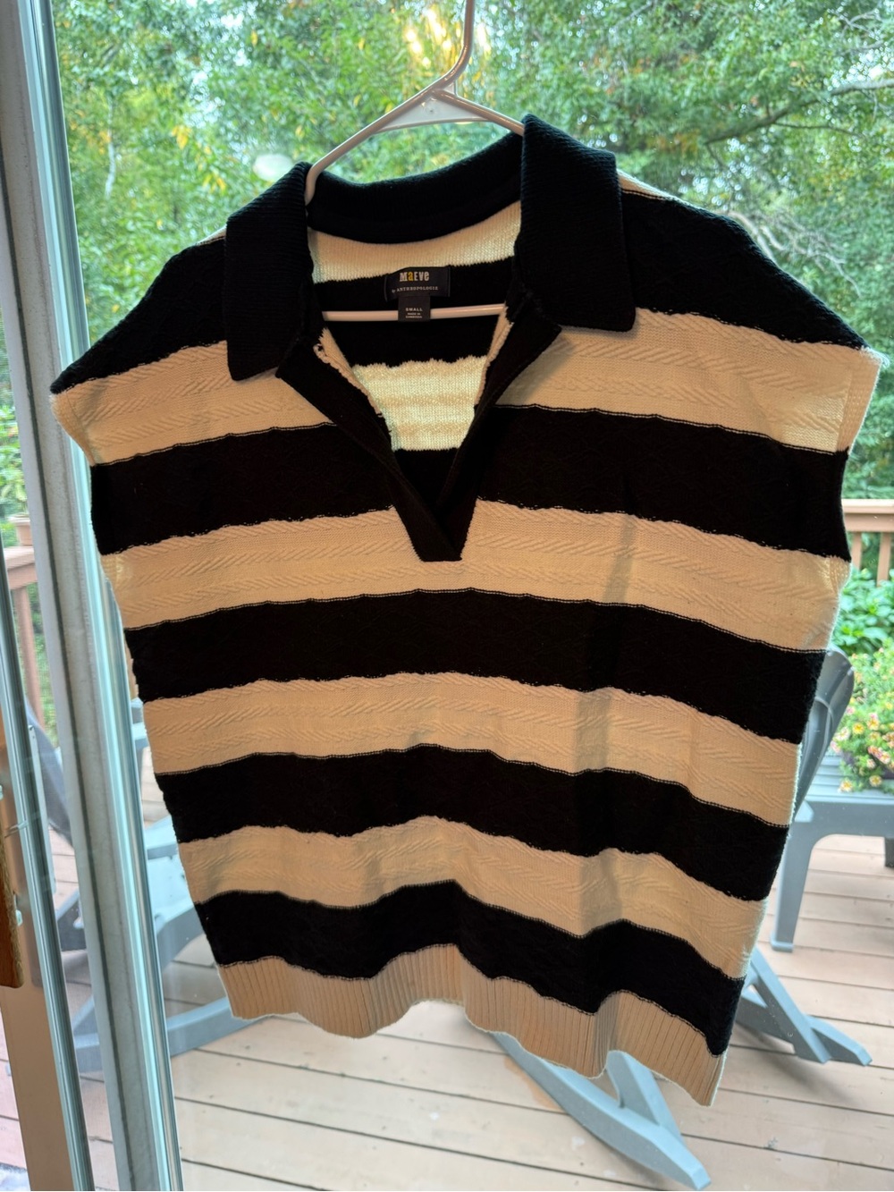 Maeve Anthropology Black and Cream Striped Polo Sweater